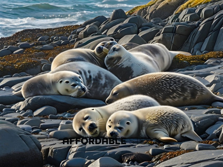 A group of seals resting on the rocks