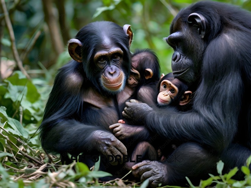 A family of gorillas huddle together in the forest