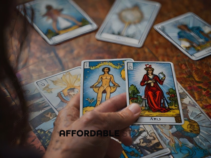 A person holding a tarot card with a woman on it