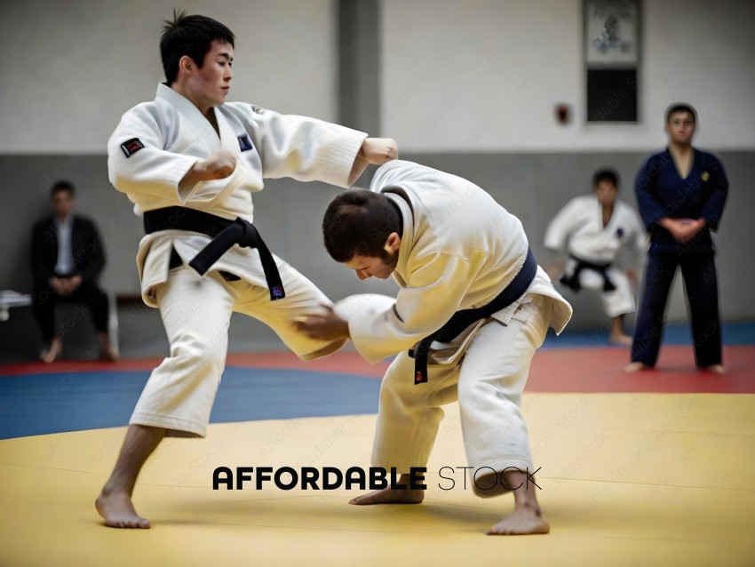 Two men in martial arts uniforms are practicing a kick