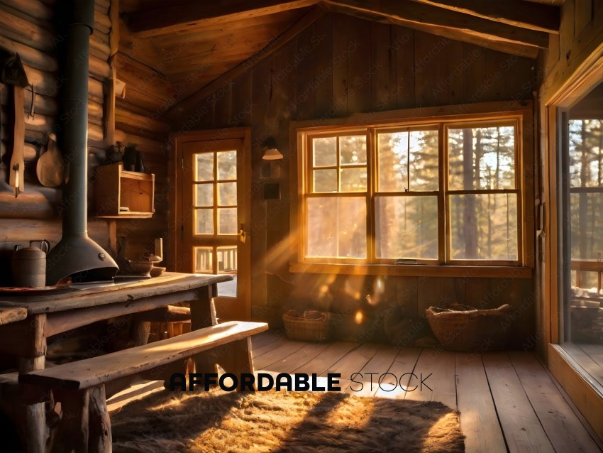 A cozy cabin with a wooden floor and a bench