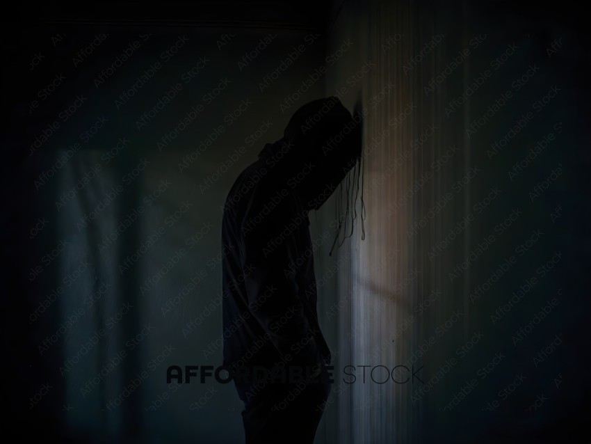 A person in a dark room with their head against a wall