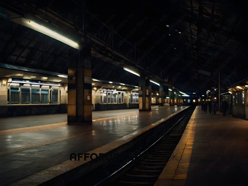 A train station at night with no passengers
