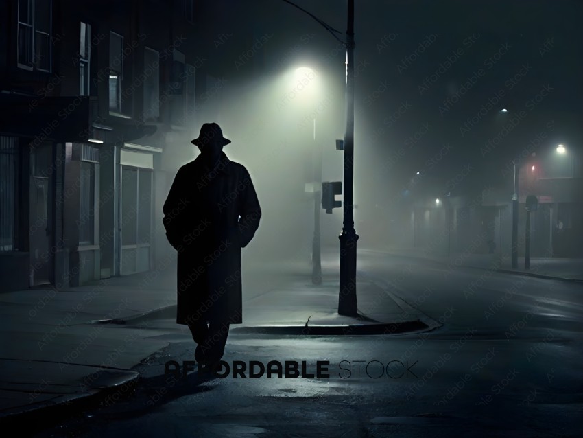 A man in a trench coat walks down a foggy street at night