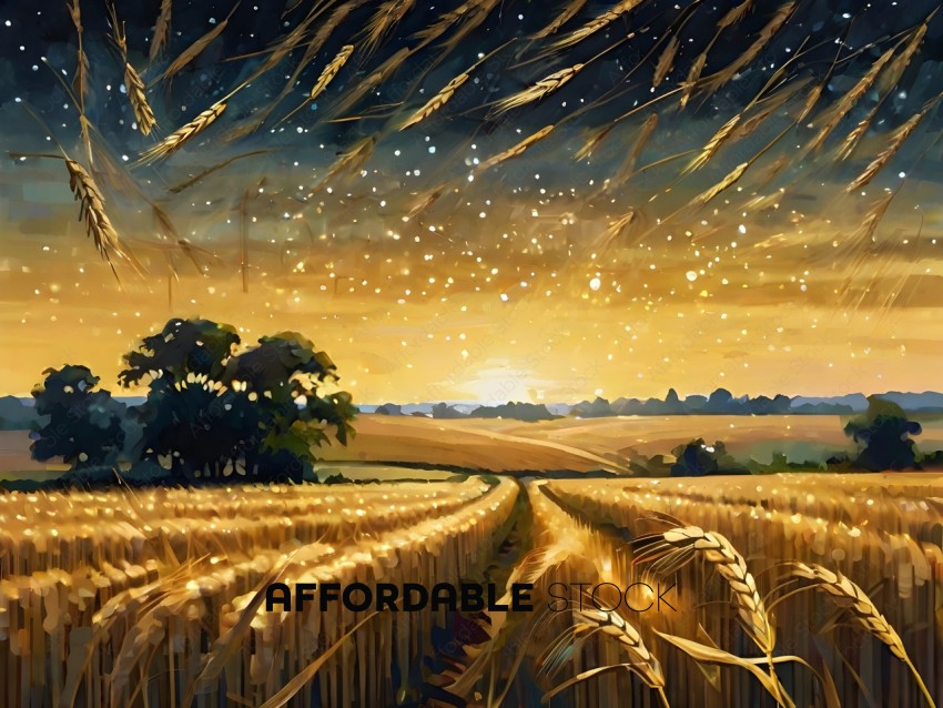 A painting of a field with a sunset and stars