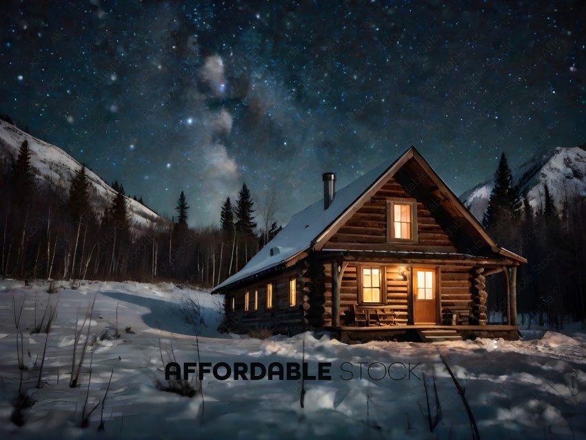 A cabin in the woods at night with a starry sky