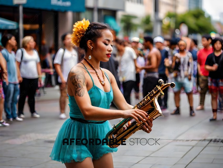 A woman playing a saxophone in a blue dress