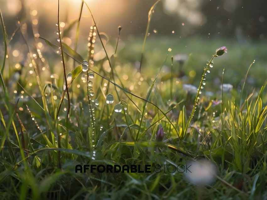 Grass with dew drops in the sun