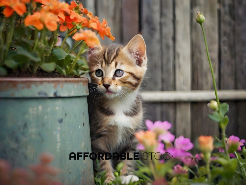 Kitten peeking out from flower pot