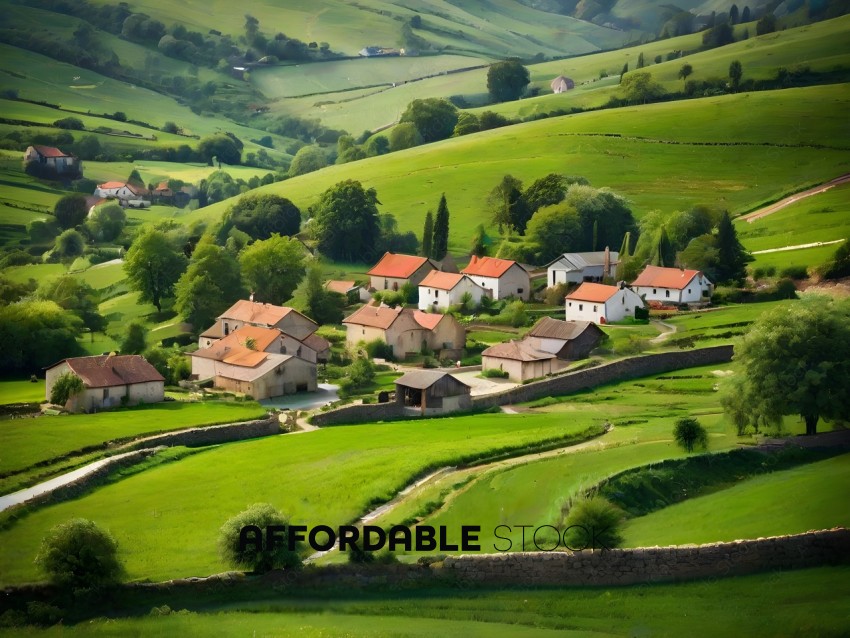 A picturesque village with a green landscape and red roofs