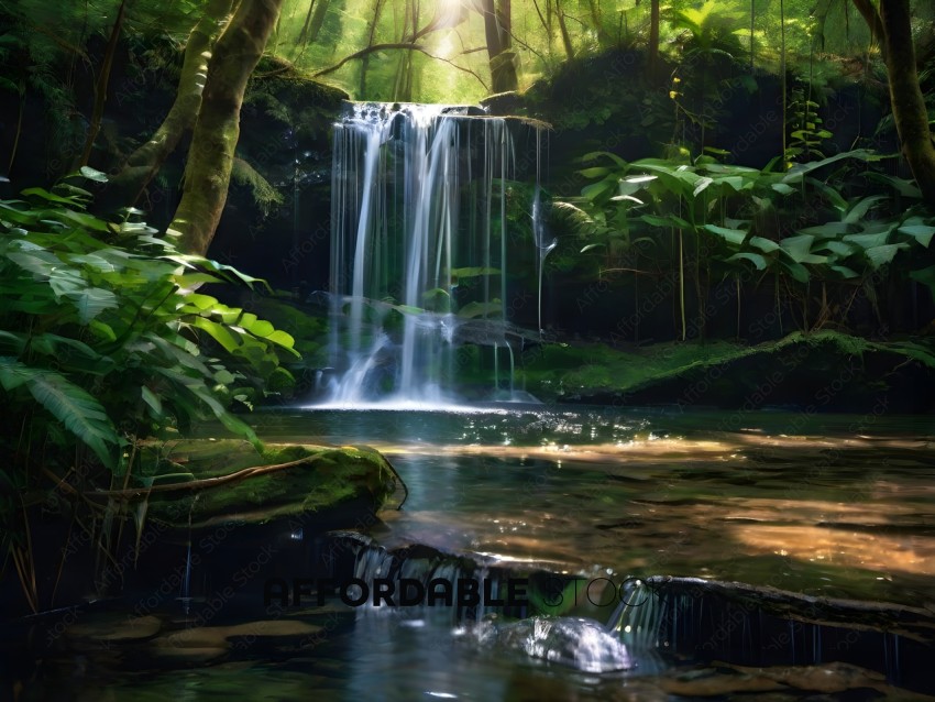 A waterfall in a forest with a sunbeam shining through