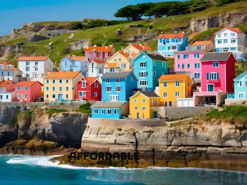 Colorful houses on a cliff overlooking the ocean