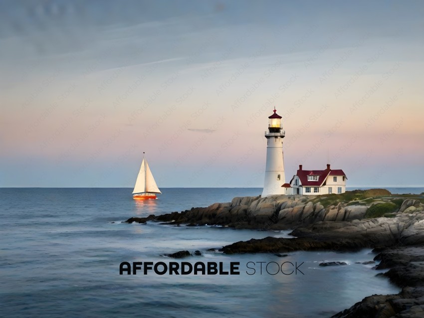 A sailboat and a lighthouse on a rocky coast