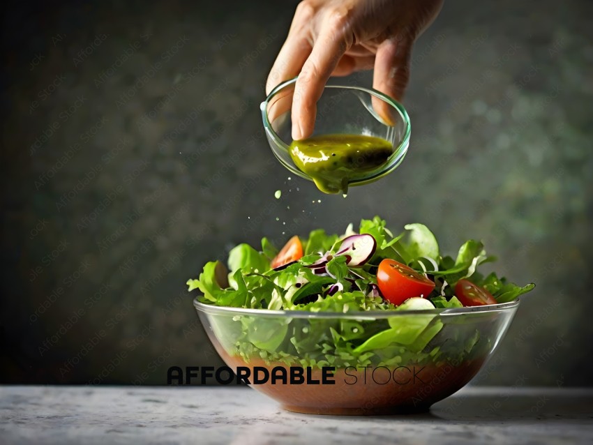 A person pouring a green sauce on a salad