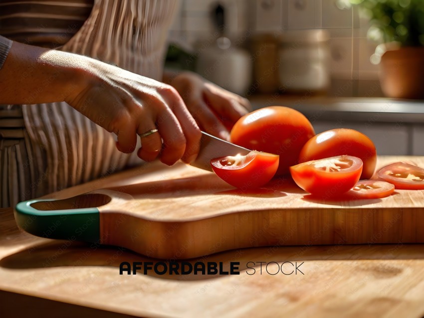 A person cutting tomatoes on a cutting board