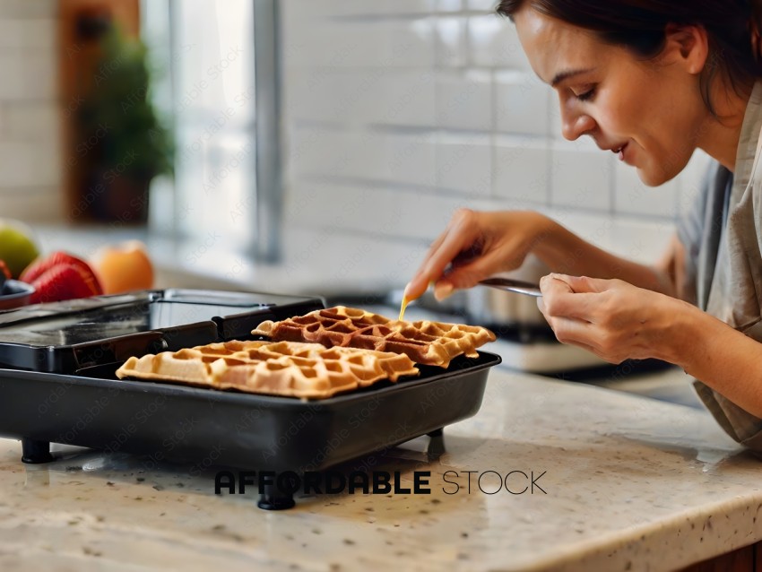 A woman is cutting a waffle with a knife