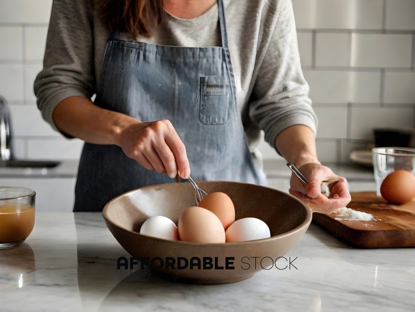 A woman in an apron is cracking eggs into a bowl