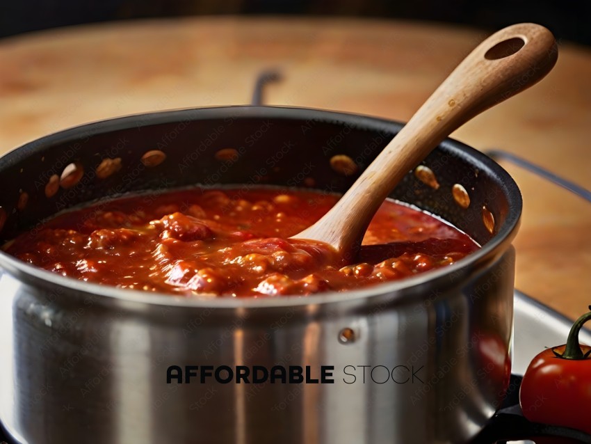 A wooden spoon in a pot of red sauce