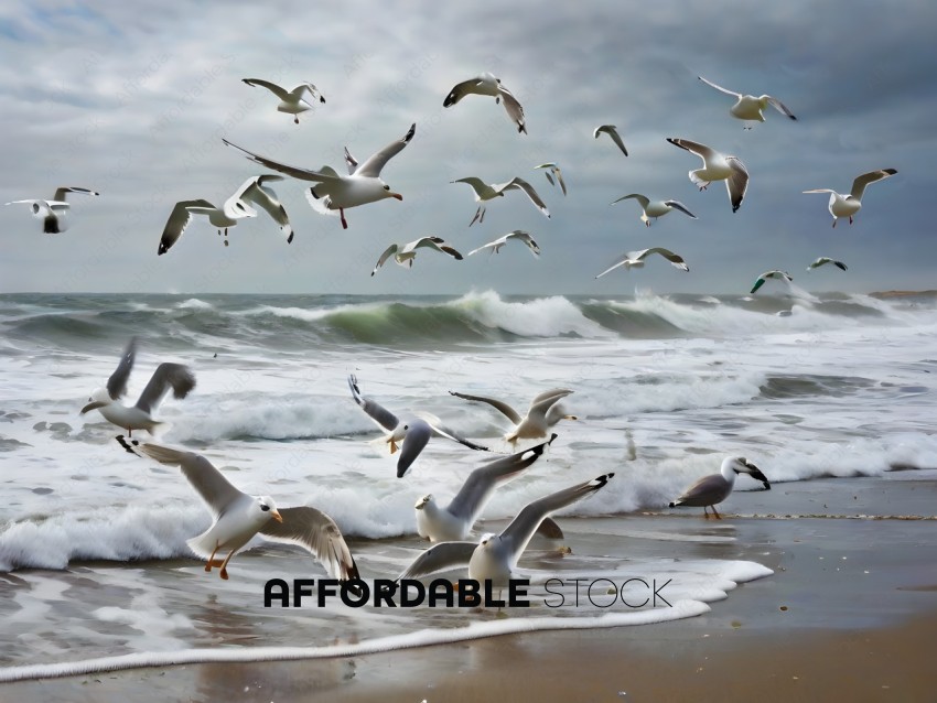 Seagulls flying over a beach