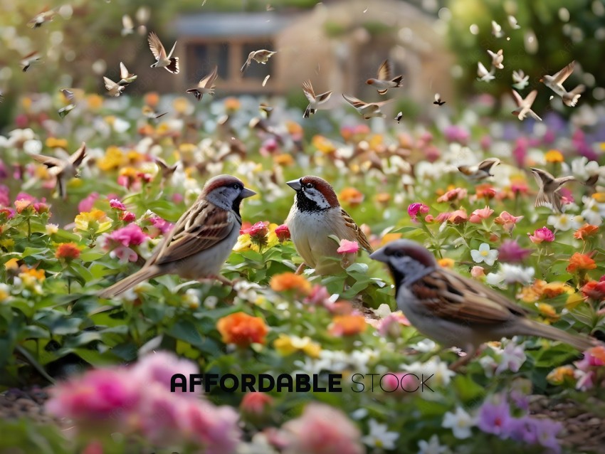 Three small birds in a garden with flowers