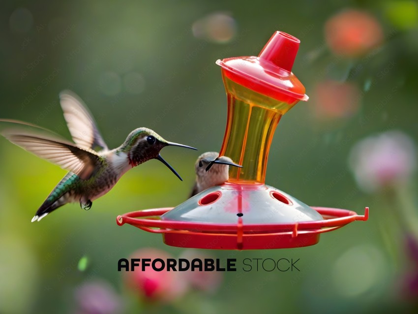 Hummingbirds feeding from a red feeder