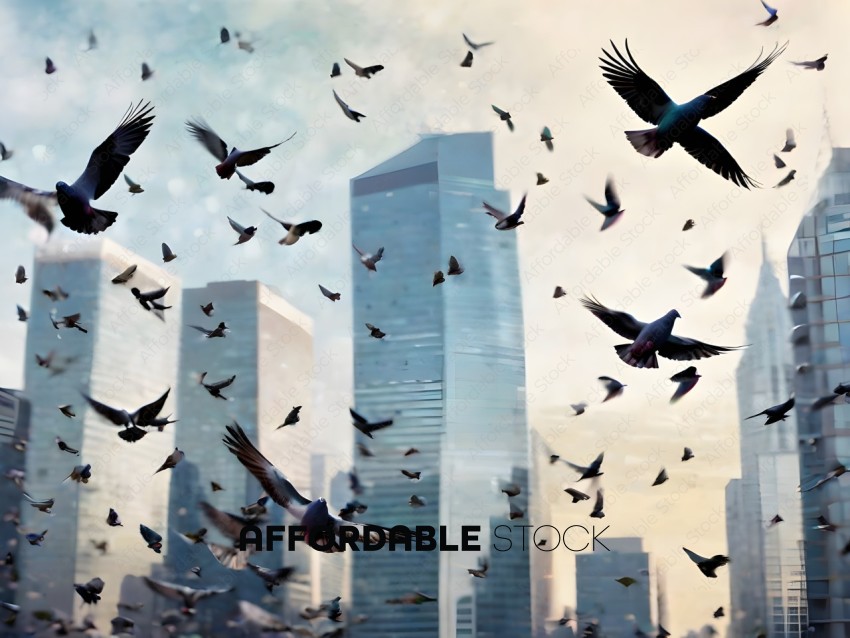 Flock of Pigeons Flying Over City Skyline