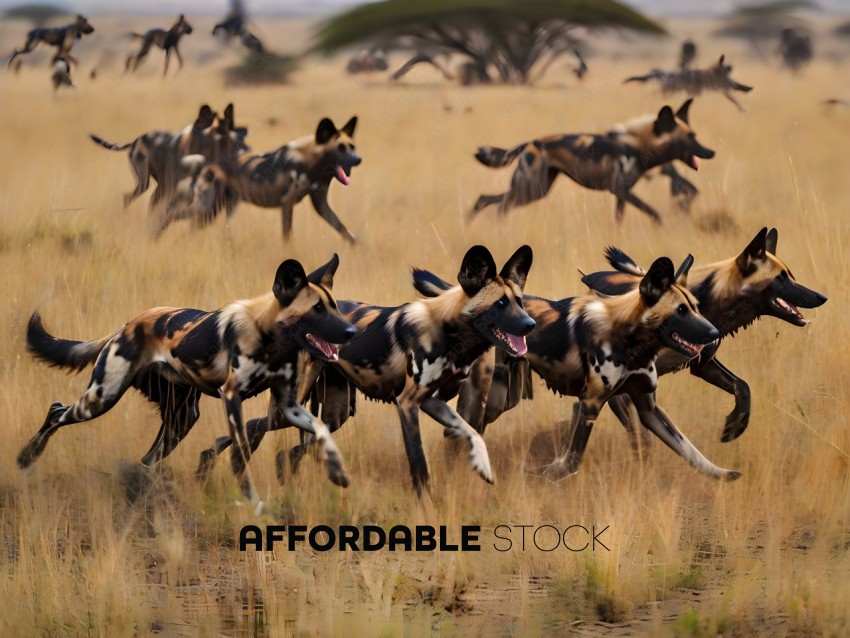 A pack of wild dogs running through a field