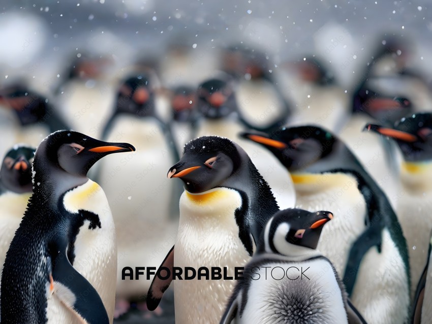 A group of penguins standing together in the snow