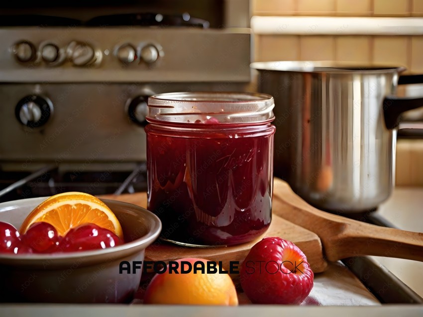 A jar of red fruit preserves sits on a cutting board with fruit
