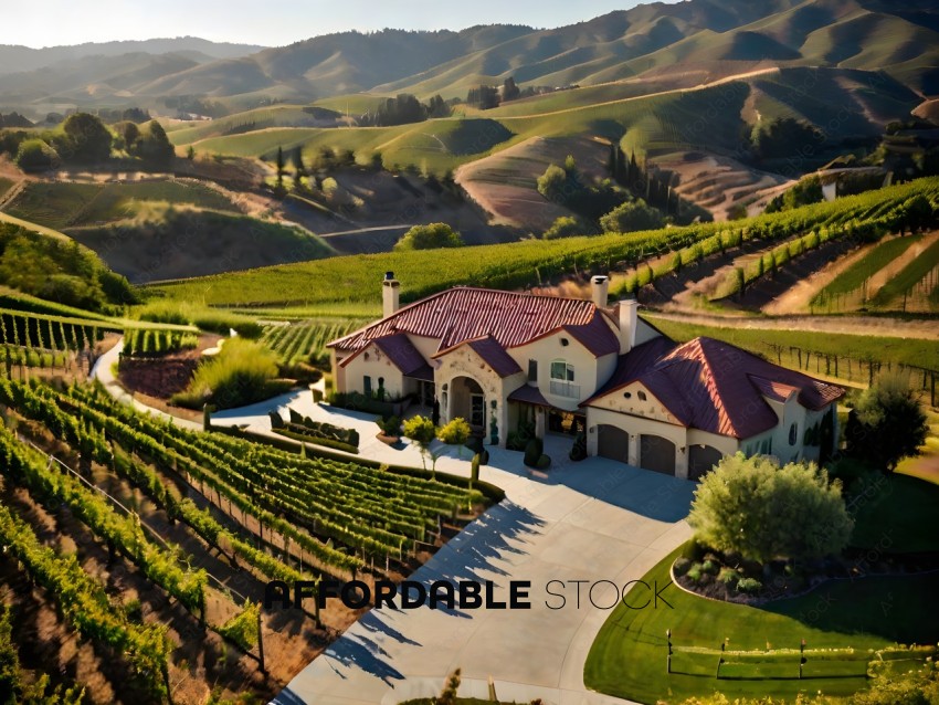 A large home with a vineyard in the background