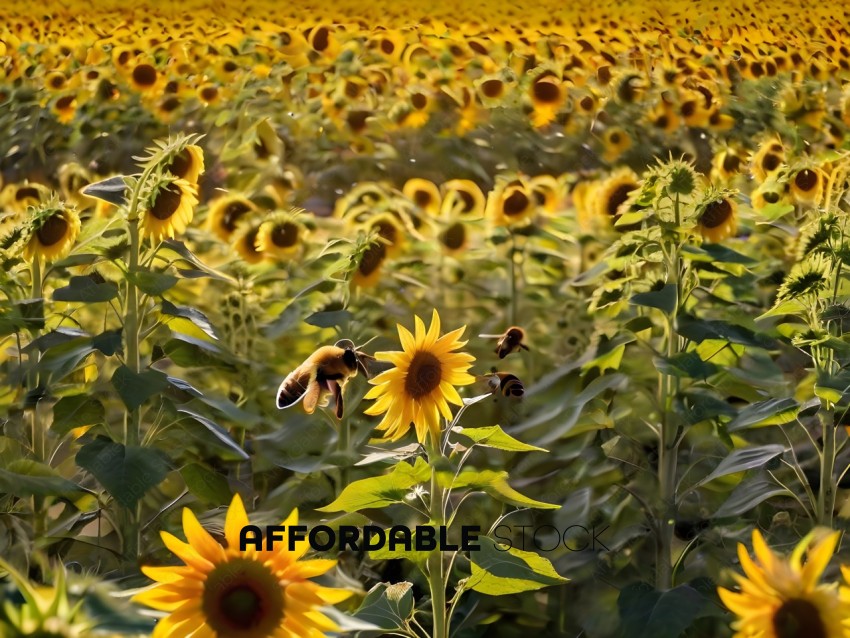 A field of sunflowers with bees