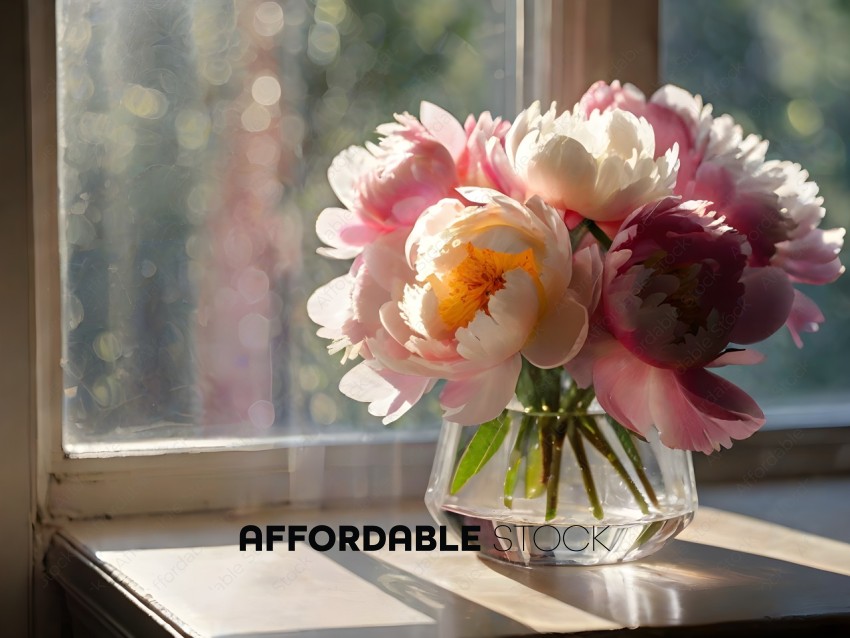 A vase of pink and white flowers on a windowsill