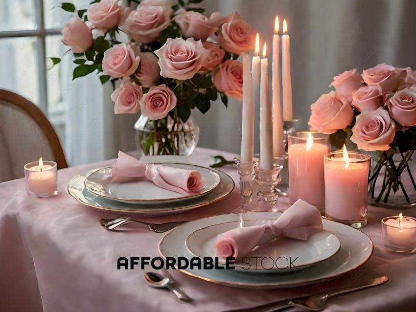 A table set for a romantic dinner with pink flowers and candles