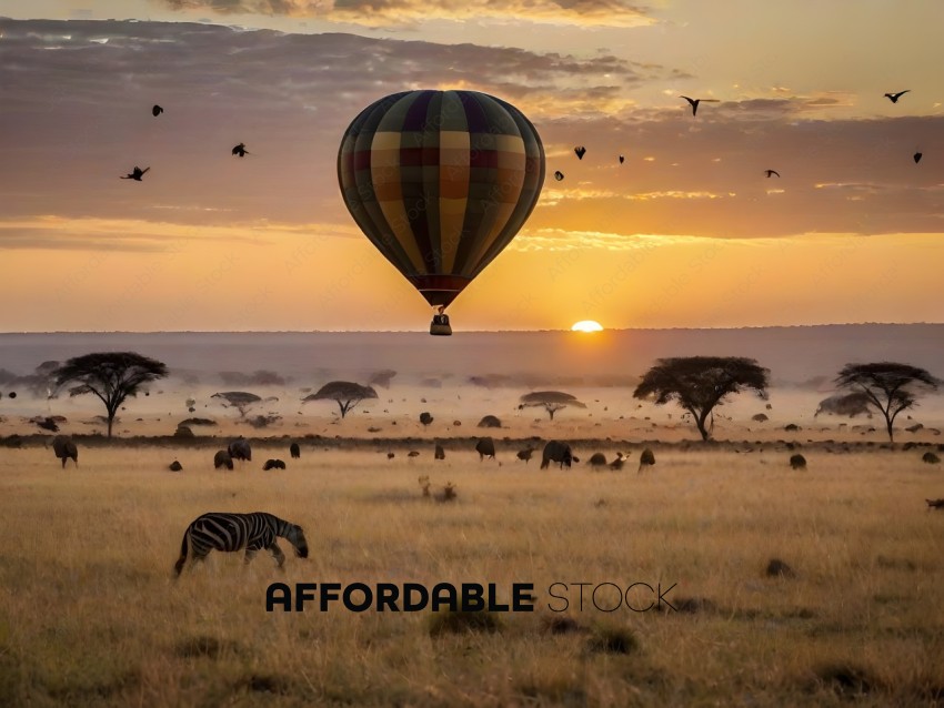 A hot air balloon is flying over a field with a zebra