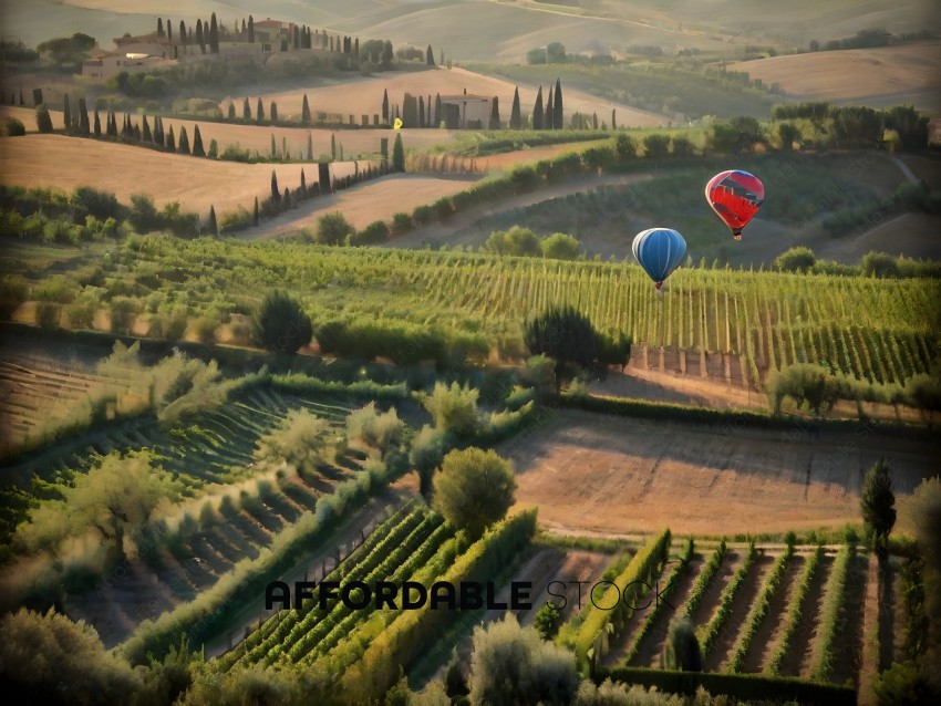 Two hot air balloons flying over a vineyard