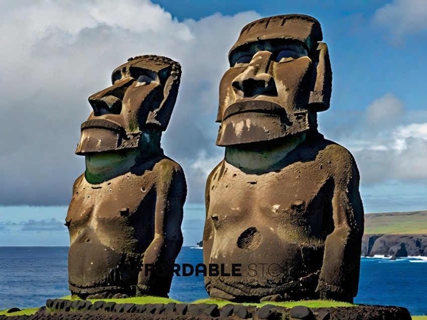 Two ancient statues of heads on a rocky outcrop overlooking the ocean