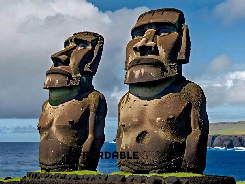 Two ancient statues of heads on a cliff overlooking the ocean