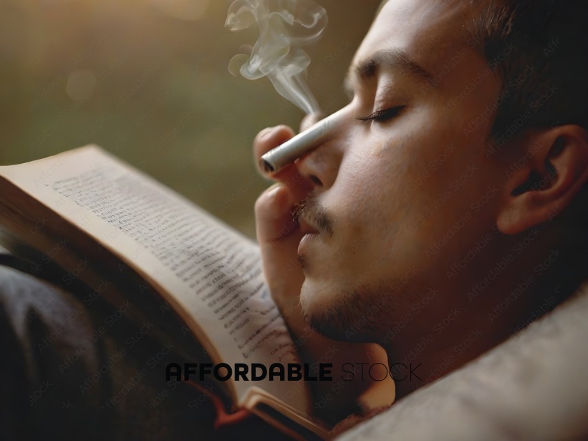 A man smoking a cigarette while reading a book