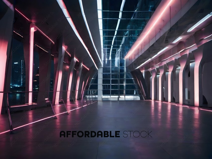 A long hallway with a glass ceiling and pink lights