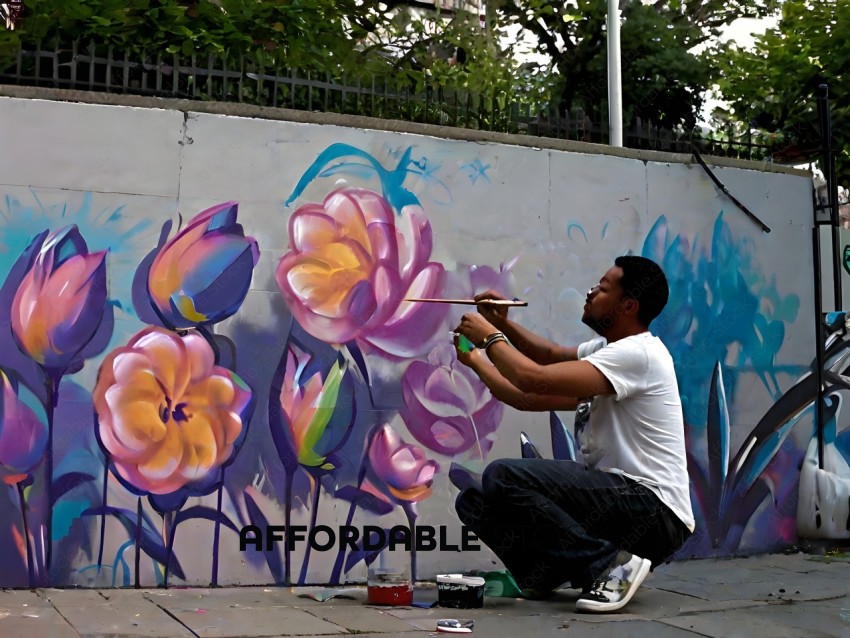 Man painting a mural of flowers on a wall