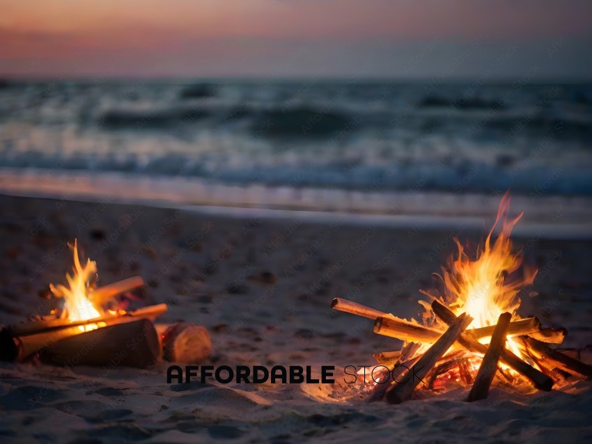 A beach scene with a fire and a rock