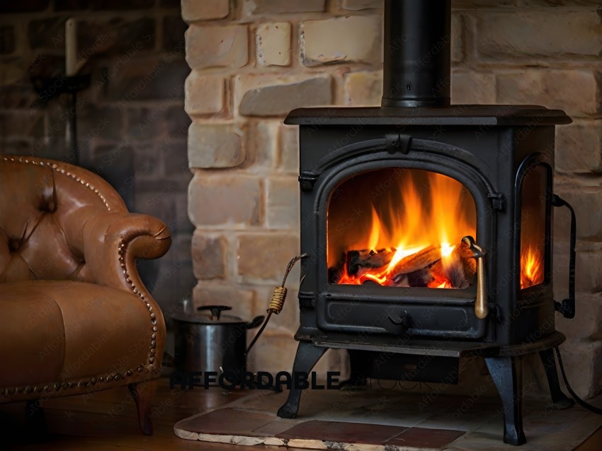 A black cast iron stove with a fire burning in it