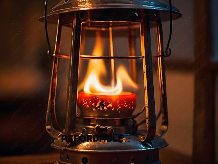 A small, old-fashioned lamp with a red flame