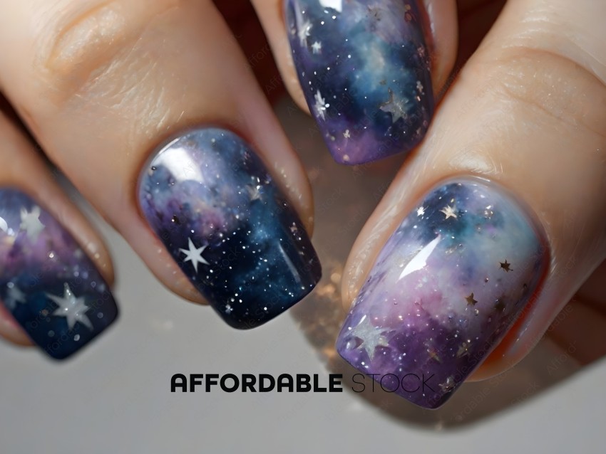 A person's nails are painted with a galaxy design
