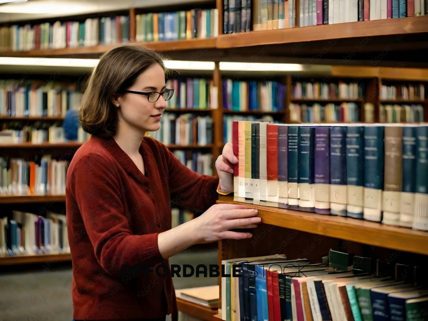 A woman in a red sweater is looking at books