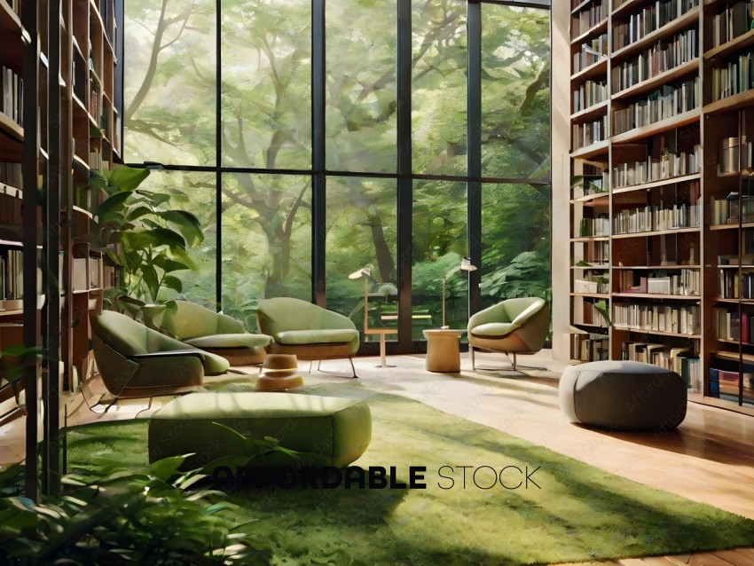 A room with a large window and a green carpet
