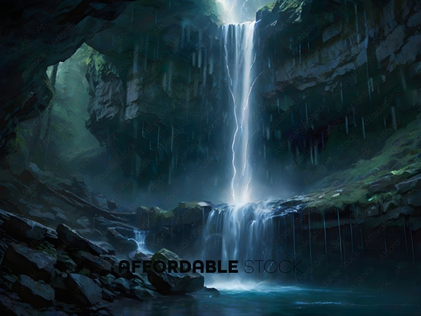 A waterfall in a cave with a lightening bolt in the background