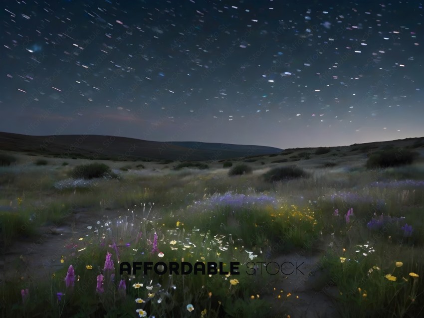 A field of flowers with a starry sky in the background