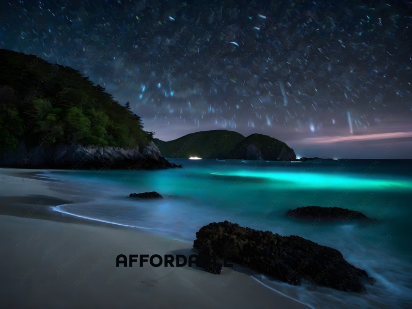 A beautiful beach at night with a rock formation and a glowing sky