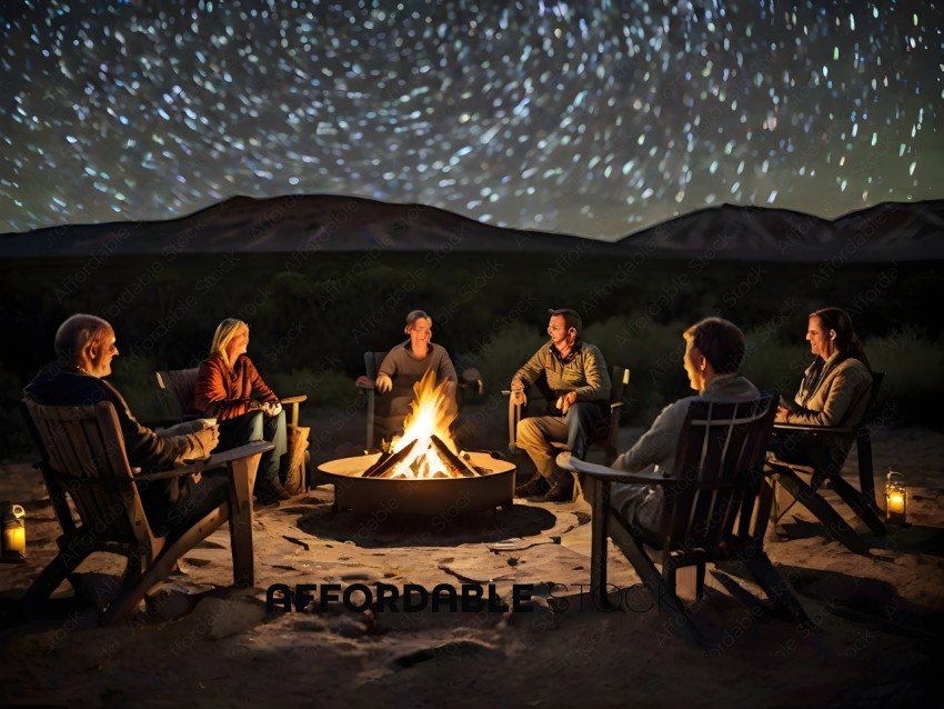 A group of people sitting around a fire pit at night